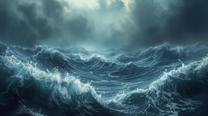 A dramatic seascape showcasing a powerful ocean storm, with turbulent, churning waves crashing under a dark and ominous sky, reflecting raw natural fury
