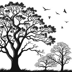 Silhouette of trees and birds isolated on a large tree with a winding trunk stands next to two smaller trees, with birds flying in the sky above