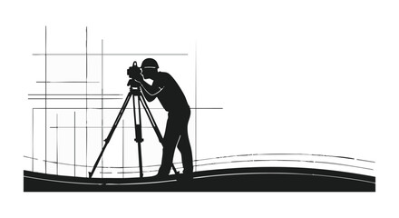A silhouette of a surveyor using a theodolite on a tripod, set against architectural grid lines, symbolizing precision and planning.