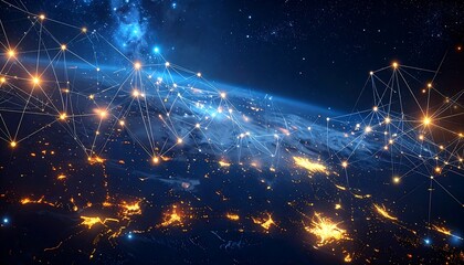 Futuristic image of Earth at night with interconnected nodes representing data flow. Artificial lighting in space