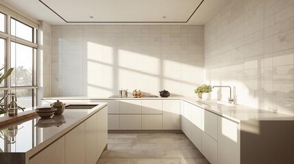 Bright and modern minimalist kitchen interior bathed in soft morning light, showcasing sleek design and glossy countertops