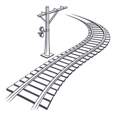 Illustration of a curved railway track with signals, conveying a sense of travel, transportation, and infrastructure, isolated on