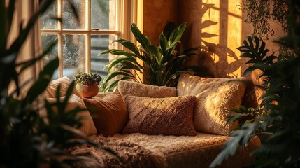 A serene and luxurious window seat sanctuary with soft pillows and lush houseplants, bathed in the warm glow of golden afternoon light