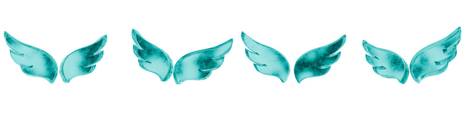 Set of four 3D wings shapes in frosted blue ice glass style, isolated on a transparent background. Glassmorphism icons and 3D elements for modern graphic design.