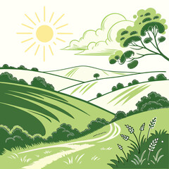 Obraz premium A picturesque landscape unfolds with rolling green hills, a radiant sun, and fluffy clouds, evoking a sense of tranquility and natural beauty isolated on