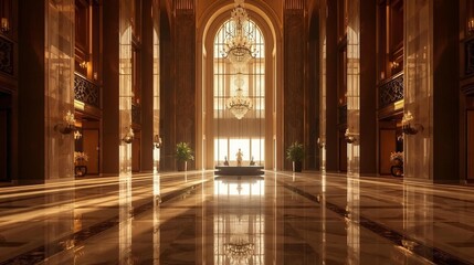 Opulent Lobby Interior with Reflected Sunlight, Golden Architecture, and Elegant Design