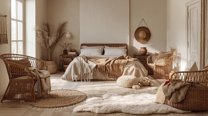 Cozy Boho Bedroom with Natural Textures and Warm Earthy Tones