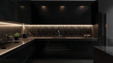 Contemporary Kitchen Design with Sleek Black Cabinets and Elegant Marble Backsplash