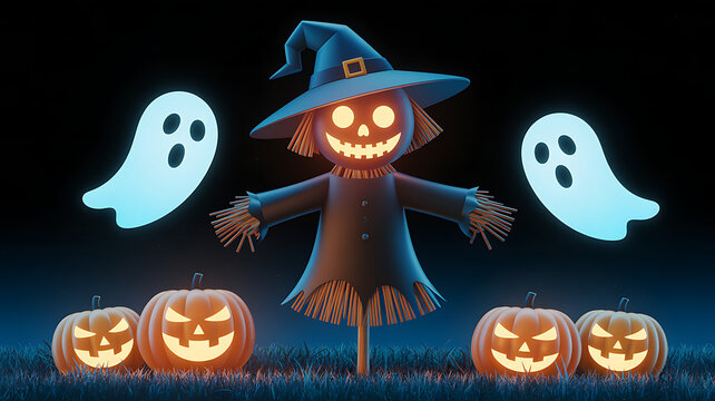 Spooky halloween scarecrow with glowing pumpkins and ghosts
