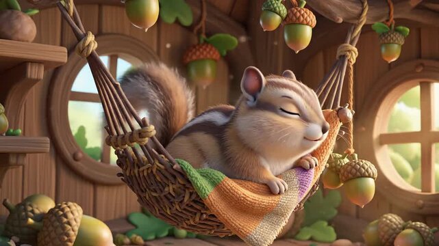 Cartoon chipmunk relaxing in hammock dream bubble acorn surroundings