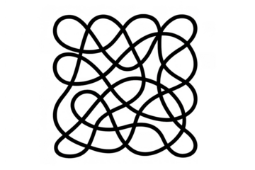 Intricate tangled loop pattern creating knots and abstract connections, representing confusion or complexity with black lines on transparent background