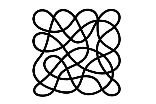 Intricate tangled loop pattern creating knots and abstract connections, representing confusion or complexity with black lines on transparent background