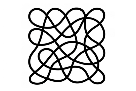 Intricate tangled loop pattern creating knots and abstract connections, representing confusion or complexity with black lines on transparent background