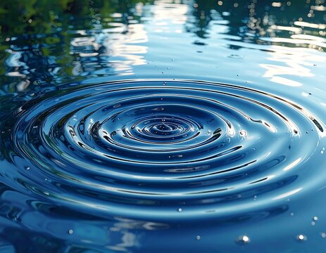 Close-up of water ripples radiating outwards, created by a single droplet. Light reflects, trees are blurred