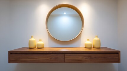 Modern minimalist interior design featuring wooden shelf, elegant round mirror, and decorative yellow vases against a soft neutral background for contemporary home decor ambiance