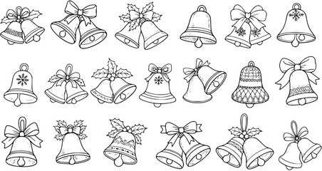 Christmas Bells Line Art Collection. Black and white outline drawings of festive jingle bells with bows and holly. Holiday season clip art set for coloring pages.