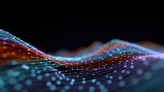 Vibrant Wave of Colorful Lines and Dots Creating an Abstract Visual Representation with Dynamic Motion and Depth on a Dark Background