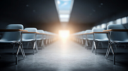 Dramatic empty exam hall classroom with desk and chair rows. Bright light at end suggests hopeful future in school and education
