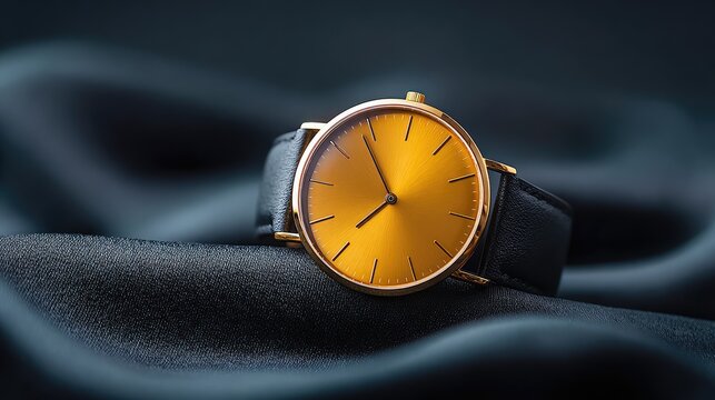 Elegant gold wristwatch with a sleek black leather strap on a luxurious fabric background, emphasizing simplicity and sophistication in fashion accessories.