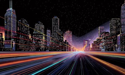 Vibrant neon light trails streak across a futuristic cityscape at night with countless stars illuminating the dark sky above towering illuminated skyscrapers - Powered by Adobe