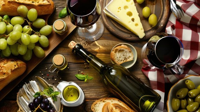 Gourmet Food and Wine Spread with Cheese Baguette and Fresh Fruits on Wooden Table