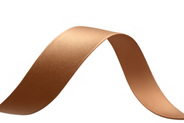 Golden brown satin ribbon forming a smooth curve, floating isolated on transparent background, elegance concept