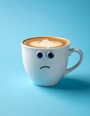 Sad coffee cup on a blue background