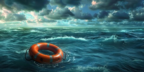 Hope in the Open Sea: An Orange Life Preserver Floats on Rough Waves