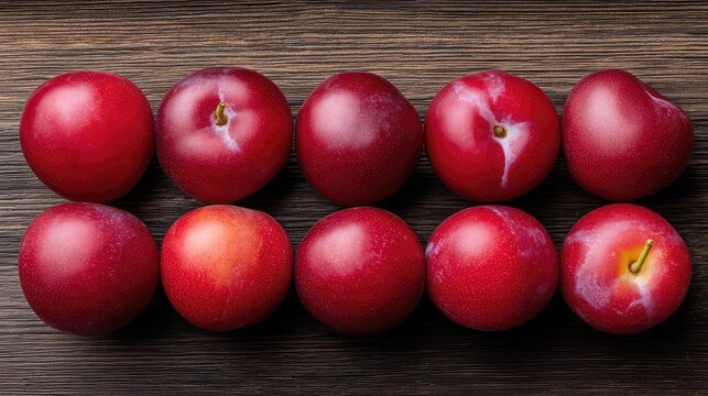 Fresh Red Plums on Wooden Table in a Straight Line, Highlighting Their Smooth Skin and Natural Shine, Perfect for Culinary or Health-Related Themes