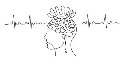 Continuous line art brain and mental wave on transparent background