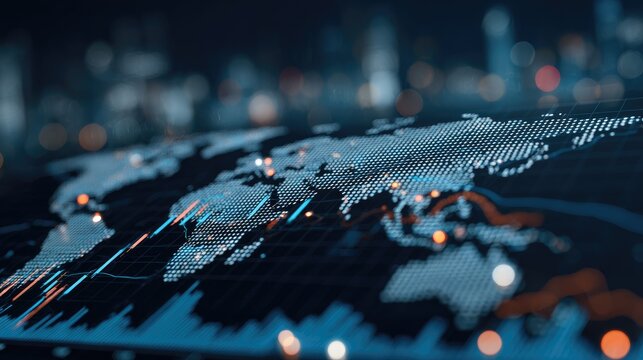 Detailed Digital World Map with Data Visualization Elements and Glowing City Skyline in the Background for Modern Technology Themes