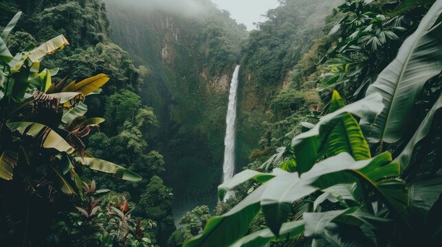 Lush Green Jungle Landscape with Waterfall Surrounded by Dense Tropical Foliage