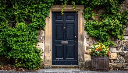 A dark blue door is framed by lush green ivy and stone, with a wooden planter overflowing with bright flowers at the bottom