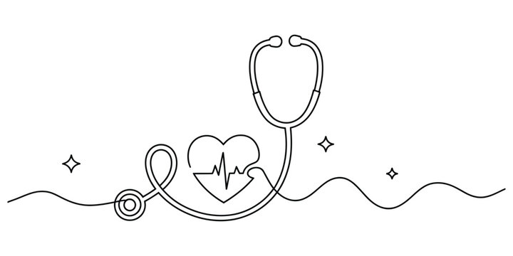 Continuous line drawing of stethoscope with heart and ecg waveform