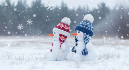 Two cute snowmen wearing knitted hats and scarves stand in a snowy field during winter with snowflakes falling