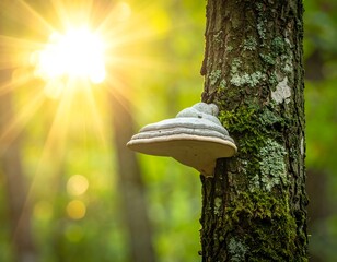 Close-up of a tree trunk with a shelf fungus attached, sun flares create a warm glow against green foliage