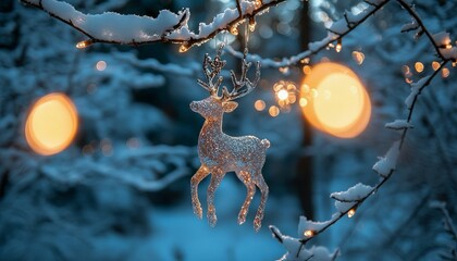 A shimmering reindeer ornament hangs from a snow-covered branch amid glowing lights in winter.