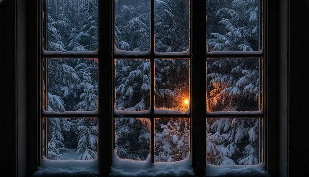 A snowy forest is framed by a window, bathed in the warm glow of early morning sunlight. - Powered by Adobe