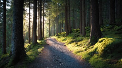 Fototapeta premium Serene Forest Pathway with Sunlight Filtering Through Tall Trees, Lush Greenery, and Tranquil Atmosphere in a Natural Woodland Setting for Adventurers and Nature Lovers