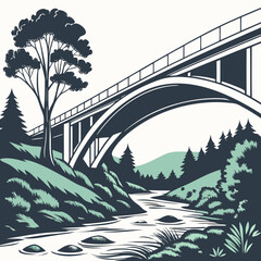 Vector illustration of a bridge over a river with trees and hills around