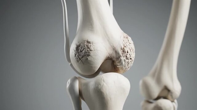 Artistic medical rendering of a knee joint, highlighting bone structure, on a subtle gray gradient
