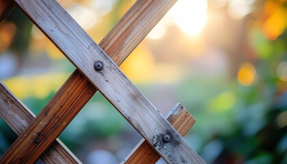 Close up of weathered wooden garden fence with sparkling dew drops against a soft focus blurry green foliage background with warm golden sunlight filtering through trees
