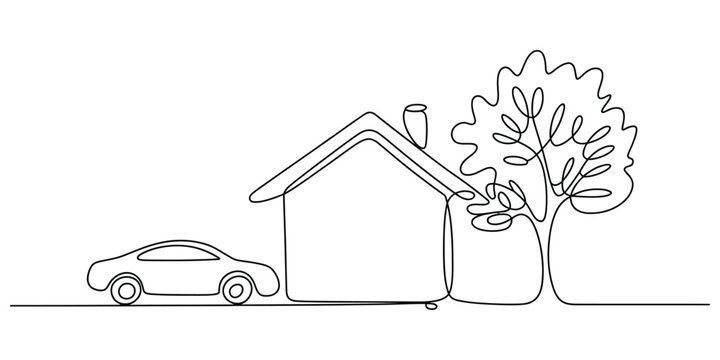 Continuous line drawing of a home, car, and tree illustration