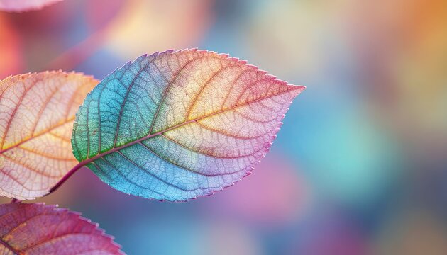Close up of a vibrant autumn leaf showing intricate veins and delicate water droplets illuminated by soft golden hour light with a bokeh background of warm colors - Powered by Adobe