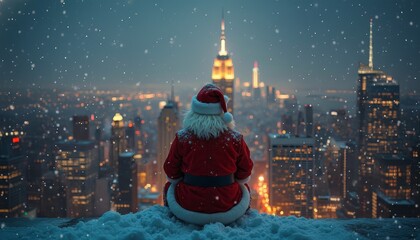 Santa contemplates a glowing cityscape from a snowy perch during a gentle snowfall night scene.