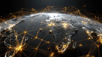 Global network connection with glowing lights over earth, showcasing detailed continents and interconnected pathways of communication technology