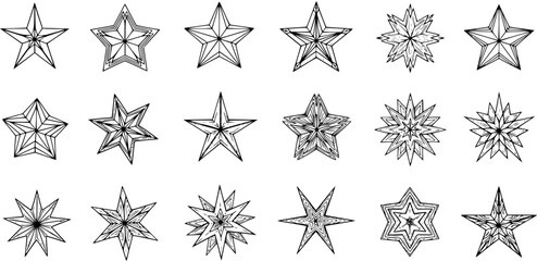 Set of 18 Hand-Drawn Star Illustrations: Diverse Black  White Line Art Outline Designs for Decoration, Symbols, and Creative Projects