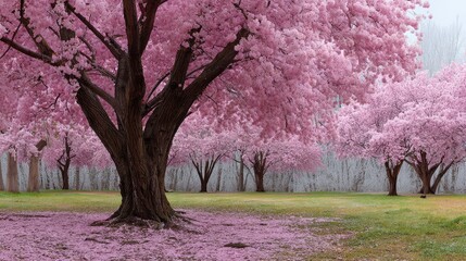 Obraz premium Beautiful Blossom Tree Scene with Vibrant Pink Flowers in Spring Landscape Creating a Serene and Tranquil Atmosphere Perfect for Nature Lovers and Garden Enthusiasts