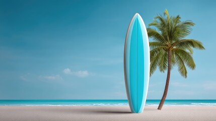 Tranquil Beach Scene Featuring a Blue Surfboard Next to a Lush Palm Tree with Gentle Waves and Clear Sky for Summer Vibes and Adventure Spirit