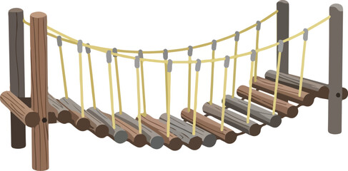 Vector Illustration of a Wobbly Wooden Log Rope Suspension Bridge for Playground